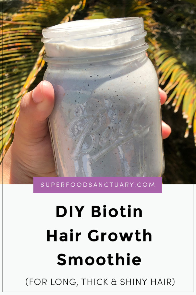 This DIY biotin hair growth smoothie contains a healthy amount of the B-vitamin, biotin, also known as Vitamin A. Biotin encourages healthy hair growth and also strengthens fragile easily breakable hair. 