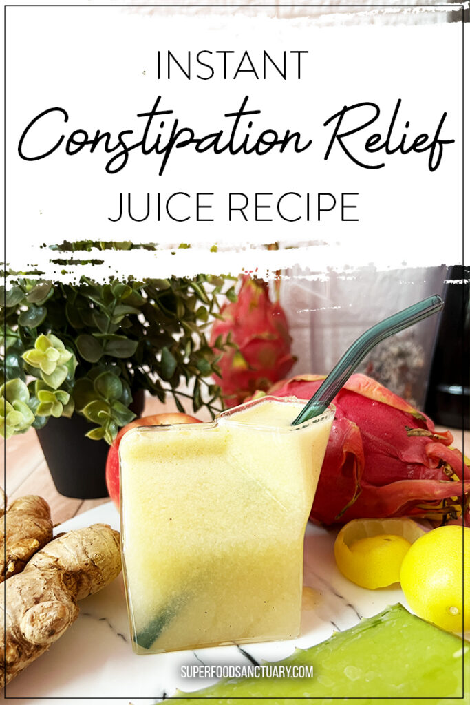Did you know that you can poop daily if you make a juice with certain fruits & veggies? Try these juicing recipes for constipation and experience the relief of finally clearing your bowels properly!

As someone who has suffered from constipation throughout my life, it was a miracle to start juicing for constipation relief. The juicing recipes for constipation I’ve compiled below are those that have personally helped me find relief within a day! They work! My favorite and most effective recipe is #1 Natural Laxative below:

4 Juicing Recipes for Constipation 

Fresh squeezed and unsweetened juices and other drinks can help relieve constipation. 

This is because they are rich in water, essential for hydration and softening stool, fiber for helping bulk stool for it can pass through the intestines and nutrients such as fruit acids and compounds that help stimulate peristalsis of old food and wastes down the intestines. 

Below, we shall look at the top 4 juicing recipes for constipation that you can make at home using a high speed blender and sieve or a high quality juicer! 

1.    Natural Laxative 

If you want to make a natural laxative at home, then hands down, this is your JUICE! It contains dragon fruit or pitaya, apple, mango & ginger! Just 4 ingredients to help you get things move along quickly.

Dragon fruit, also known as pitaya, is an exotic fruit with white or magenta colored flesh. It not only contains a wonderful source of antioxidants, vitamins and minerals but also a high water and dietary fiber content. The tiny black seeds that adorn the inside flesh of dragon fruits have a mild laxative effect, which makes it an excellent addition to this constipation relief juicing recipe.

Apple juice is a known home remedy for constipation, especially for children. It has a gentle laxative effect that can help flush out poop stuck in the intestines. Apples contain fiber and naturally occurring sorbitol, a sugar alcohol in fruits and veggies with diuretic and laxative properties (source). Unabsorbed sorbitol draws water in the large intestines which helps stimulate the movement of the intestine and helps stools become softer and easier to excrete.  

Mango, also known as the ‘king of fruits’ is one of the best fruits for constipation relief. In addition to its ample fiber content, mango contains sorbitol, a sugar alcohol that has been found to have laxative properties when consumed in higher quantities. Research shows that consuming mangos improved stool frequency, consistency, and shape, in addition to developing better intestinal microbial composition and reducing inflammation (source). 

Ginger has been shown to be a digestive aid since centuries ago (source). Consuming ginger helps decrease the pressure on your lower intestines, which may help promote a good bowel movement for constipated individuals.

What you need 

1 dragon fruit 

1 apple 

1 mango

1-inch ginger 

High quality blender (where to get it) and a double mesh strainer (where to get it) OR high quality juicer (where to get it)

Mason drinking jar & straw (where to get it)

Directions 

Prep all your ingredients by washing them thoroughly and then peeling the dragon fruit, mango and ginger.

After peeling, cut them into smaller chunks to fit into the juicer chute or blender.

Add the chopped ingredients into a running juicer or blend them using a high-speed blender and a little water. If using the blender method, squeeze the puree through a double mesh strainer to get only juice.

Pour your natural laxative juice into a glass and enjoy!

2.    Colon Cleanser

One of the most effective juicing recipes for constipation relief within a day is this powerful colon cleanser. It uses ingredients that wake your intestines up and promote quick excretion.

Pineapple contains an enzyme called bromelain, which can help break down protein in the gut, aid digestion and reduce constipation, gas and bloating (source). 

Pear juice contains 4 times more sorbitol than apple, which makes it an excellent natural laxative (source).

Research has shown that consuming two kiwi fruits per day improved chronic constipation & bloating (source). 

Apple juice contains and provides a gentle laxative effect because it has a relatively high ratio of fructose to glucose and sorbitol, which is an ingredient that helps soften stool & makes it easier to pass them (source 1, source 2) 

What you need 

¼ pineapple 

1 pear 

2 kiwis

1 apple

High quality blender (where to get it) and a double mesh strainer (where to get it) OR high quality juicer (where to get it)

Mason drinking jar & straw (where to get it)

Directions 

Wash the pineapple and cut ¼ chunk of it off.

Peel it carefully and chop it into bite-sized pieces.

Wash the pears, kiwi and apple. Peel the kiwi and cut it into bite sizes. 

Cut the apple and pear into smaller chunks.

Add the prepped ingredients into a running juicer, or blend using a little water & sieve the puree using a strainer.

Serve in a glass immediately.

3.    Constipation Relief 

Another way to get rid of constipation using juices is throwing apples, dragon fruit and aloe vera gel from the leaf fillet into the juicer. The result is a smooth juice that helps get things going in your intestines! Prepare to go to the toilet within the day. Let’s look at the ingredients in this juice & their benefits:

Apples, and apple juice, both contain dietary fiber as well as sorbitol, a sugar alcohol that goes straight into the large intestine and draws in water. The extra water in your gut helps your stools to become softer and easier to pass through with regular bowel movements.

The tiny black seeds in dragon fruit have a laxative effect. You can use yellow or pink dragon fruit.

Aloe vera gel found inside the plant’s succulent leaves are rich in compounds such as anthraquinones (natural laxatives) and plant mucilage, which when taken internally, helps give a soothing effect and stimulates the movement of old food down the intestines to be secreted out (source). It is also beneficial for relieving IBS symptoms (source). 

What you need

1 apple 

1 dragon fruit

1 aloe vera leaf 

High quality blender (where to get it) and a double mesh strainer (where to get it) OR high quality juicer (where to get it)

Mason drinking jar & straw (where to get it)

Directions 

Prep all ingredients for juicing: Wash them thoroughly, peel the mango, extract the fleshy gel inside an aloe vera leaf and scoop out one tbsp of flaxseeds. 

Chop the apple, mango and aloe gel into smaller pieces.

Add all ingredients into a running juicer or high-speed blender (if using a blender, blend the ingredients with a little water then sieve the puree through a double mesh strainer to collect the juice without pulp).

Pour the juice into glasses and serve immediately.

4.    Parasite Cleanse 

This is a tasty juice that, as the title says, may help fight intestinal parasites. It only contains grapes, papaya with seeds and ginger. All these are ingredients you need to combine together to provide that instant laxative effect on your intestines. Check their benefits: 

Grapes are a well-known laxative to make you poop well (source). The organic fruit acids, sugar and cellulose in the fruit gives it laxative properties. It’s also believed to help improve chronic constipation by toning up intestinal muscles and the stomach. 

Papaya is another one of the best fruits for constipation relief, backed by research (source). It contains large amounts of fiber and water, which speed up intestinal flow and make the formation of stools easier, enabling quick and regular bowel movements. Even when passed through a juicer, some of the fiber is retained, giving you a thick juice that fights constipation! Make sure to juice papaya with its seeds included to help prevent and stave off parasites. Carpaine, a compound present in papaya fruit & seeds, has an effective anthelmintic activity (capability to fight intestinal parasites) which is important for overall digestive health & helps promote regular bowel movements (source).

Ginger can cut down on fermentation, constipation and other causes of bloating and intestinal gas (source). 

What you need 

20 green grapes 

½ papaya 

1-inch ginger  

High quality blender (where to get it) and a double mesh strainer (where to get it) OR high quality juicer (where to get it)

Mason drinking jar & straw (where to get it)

Directions 

Wash all produce thoroughly.

Peel the papaya and ginger.

Chop the ingredients as necessary to fit into your juicer chute.

Run the juicer and place your ingredients in. Alternatively, you can blend the chopped ingredients plus a little water in a blender then strain the puree using a double mesh strainer to collect juice.

Pour the collected juice into a glass and enjoy! 

You should definitely try any of the above juicing recipes for constipation and get the relief you need ASAP!