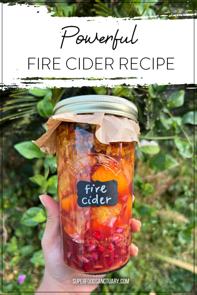 One tablespoon a day can boost your health by miles! Fire cider is a folk remedy to boost immunity and ward off respiratory infections. This is a powerful homemade fire cider recipe you can make at home and store for months! 