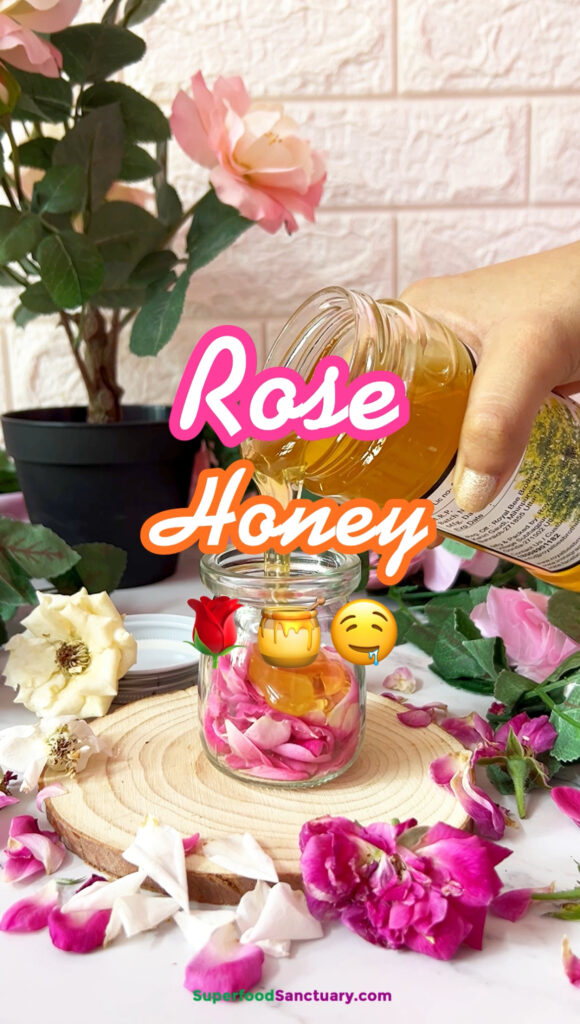 I always make rose honey whenever the fresh wild roses bloom from the garden. It is so delicious and has numerous health and beauty benefits! This can also be made with dried rose petals/buds that are organic and edible. 