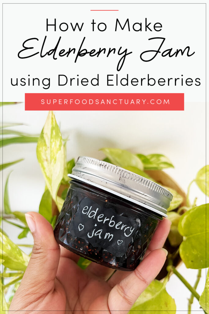 Learn how to make elderberry jam using dried elderberries! Using dried elderberries means you can make this jam at any time of the year when ripe elderberries are not in season. People with no access to fresh elderberries can also benefit from this recipe since you can easily find dried elderberries at an organic store or definitely online.  